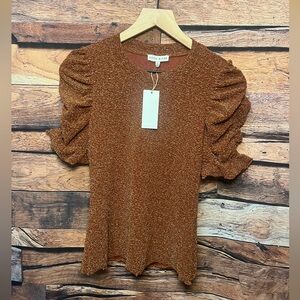 Moon River Rustic Glitter Gold Puff Sleeve Top
